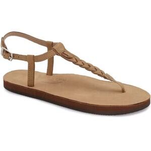 Rainbow T-strap Beige Leather Braided Thong Flat Sandals size 7